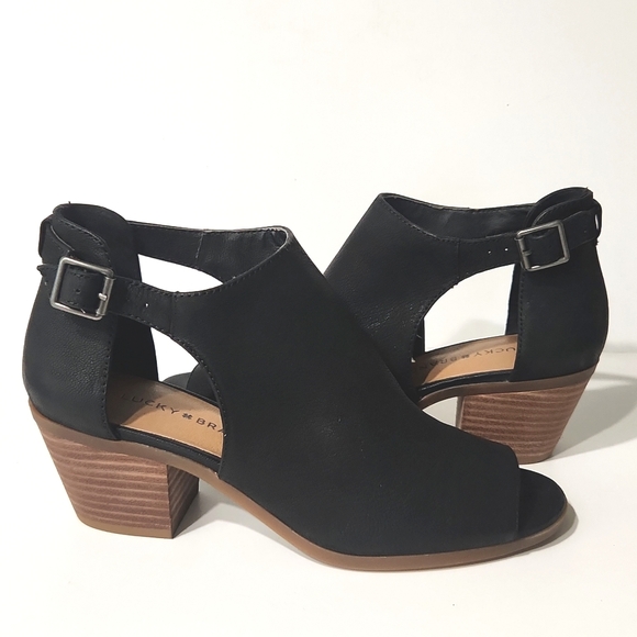 Lucky Brand Shoes - NEW Lucky Brand Barimo Black Leather Wood Block Open Toe Heels Women's 9